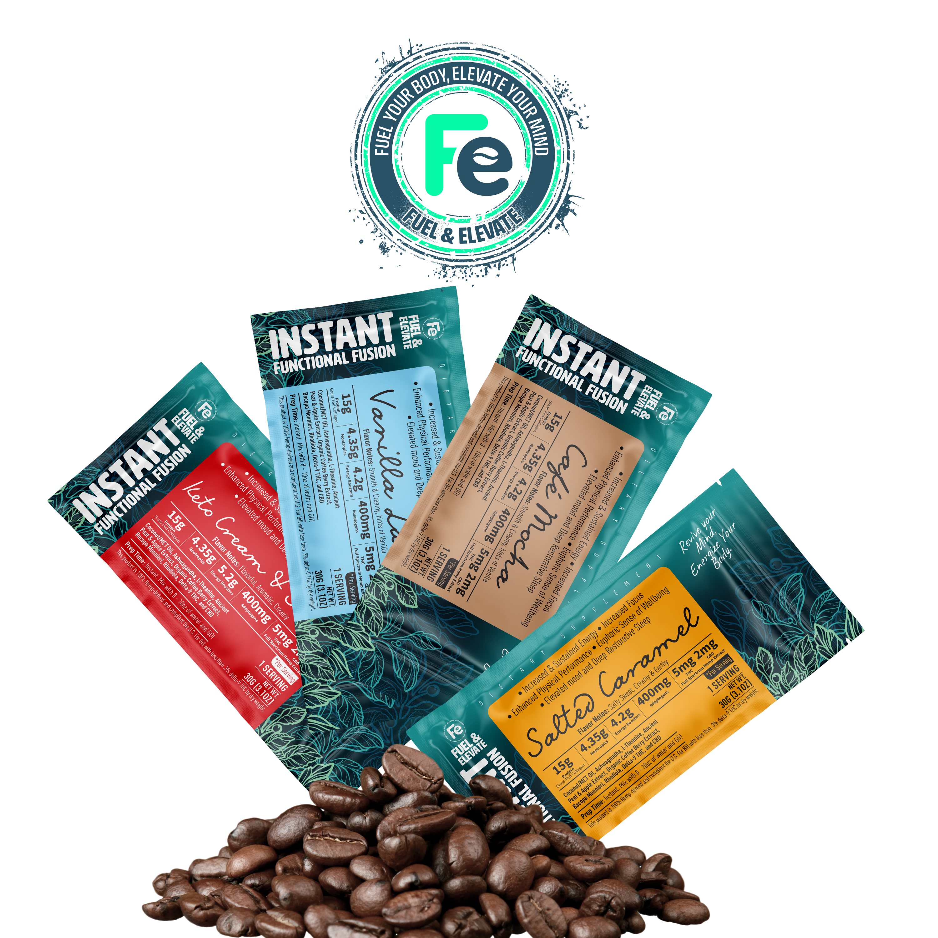 4 Flavor THC Beverage Sample Pack - Keto-Cream & Sugar, Cafe Mocha, Vanilla Latte & Salted Caramel